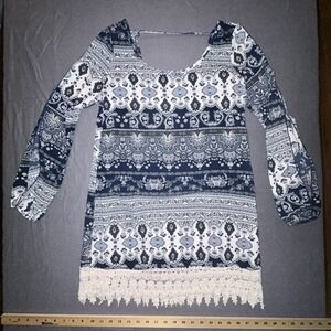 Rue21 Dress Womens Medium Blue White Paisley Boho Long Sleeve Tunic Crochet Hem